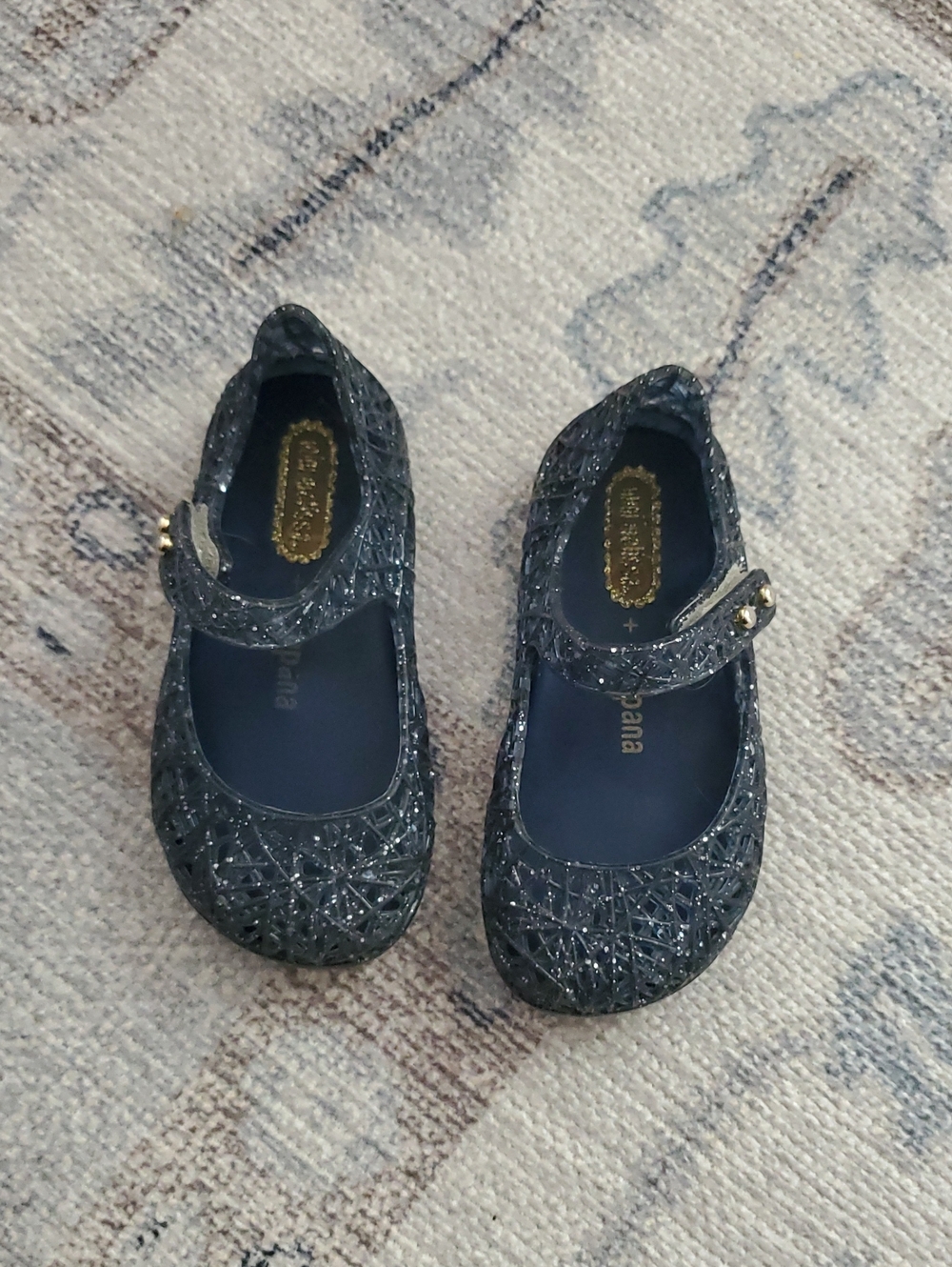 Mini Melissa Baby Girls Campana Navy Silver Glitter Jelly Mary Jane Shoes Sz6